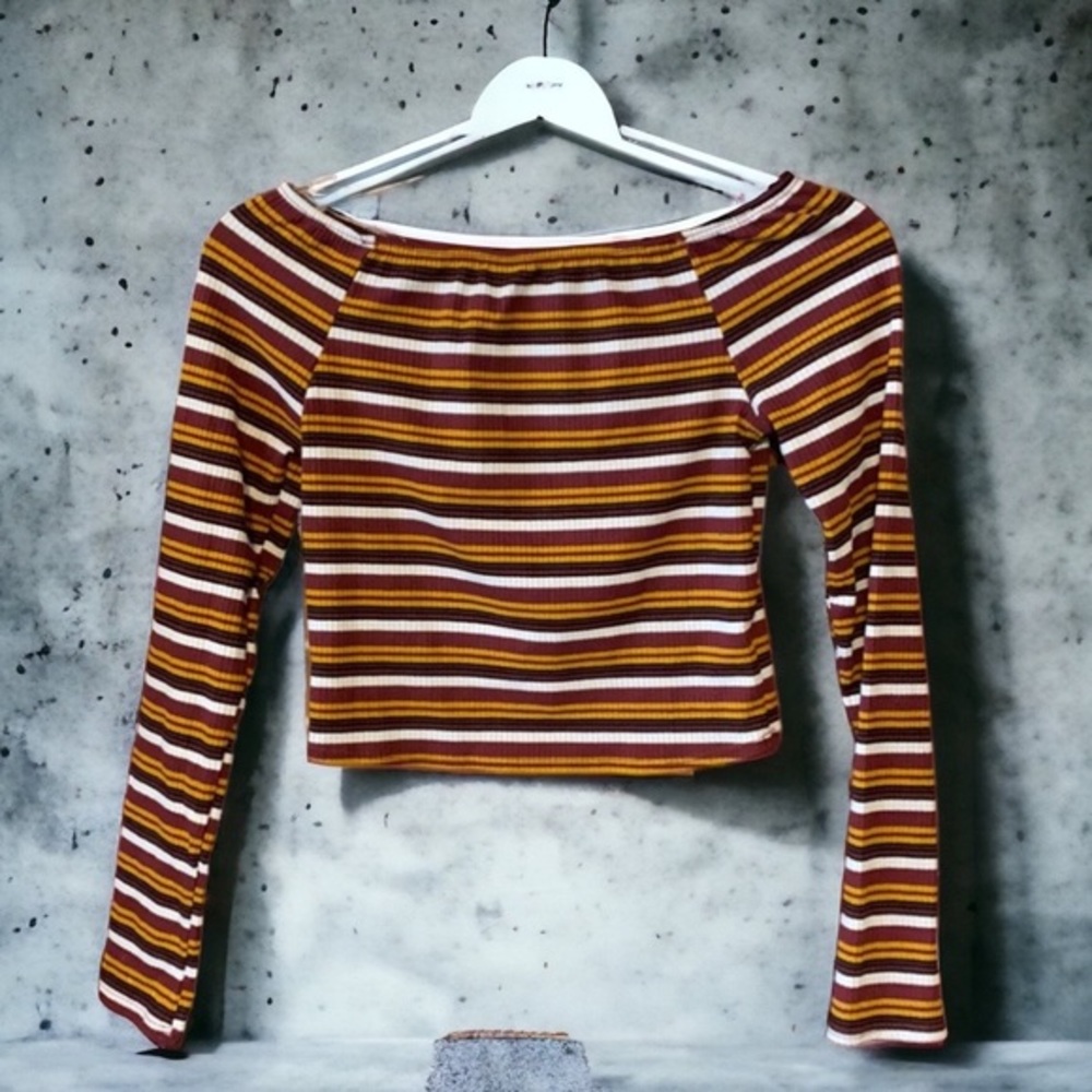 Windsor Fall colors striped off the shoulder cropped length ribbed top